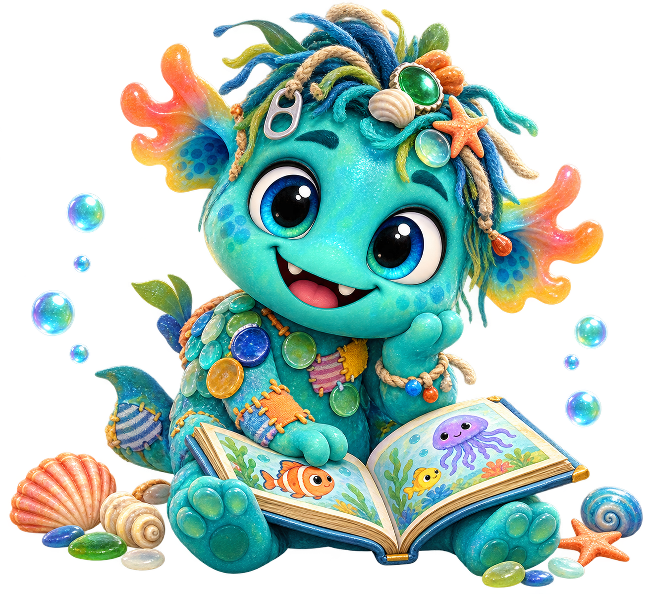 Scrappy, a joyful turquoise underwater monster made from safe found objects, reading a picture book.